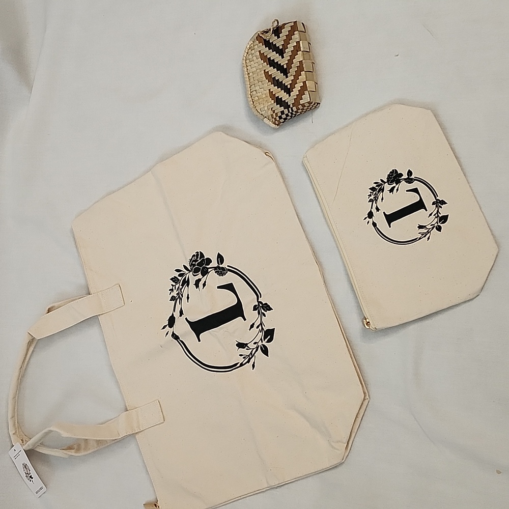 Canvas "L" Tote, Pouch, and Handmade Woven Coin Purse